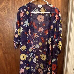 Navy Floral Kimono Cardigan – Lightweight Sheer Open Front Layer Size Medium